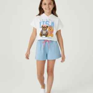 Conjunto Cropped Infantil  Feminino USA Ursinhos - Off-White