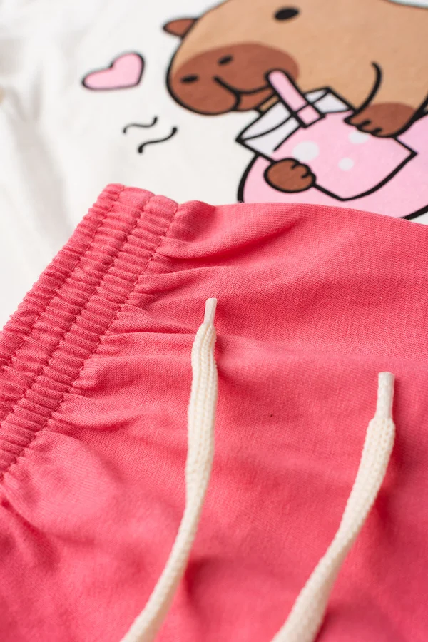 Conjunto Infantil Verão Feminino Capivara e Flamingo - Imagem 3