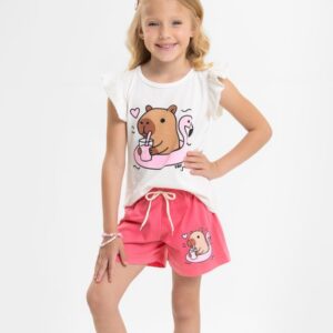 Conjunto Infantil Verão Feminino Capivara e Flamingo
