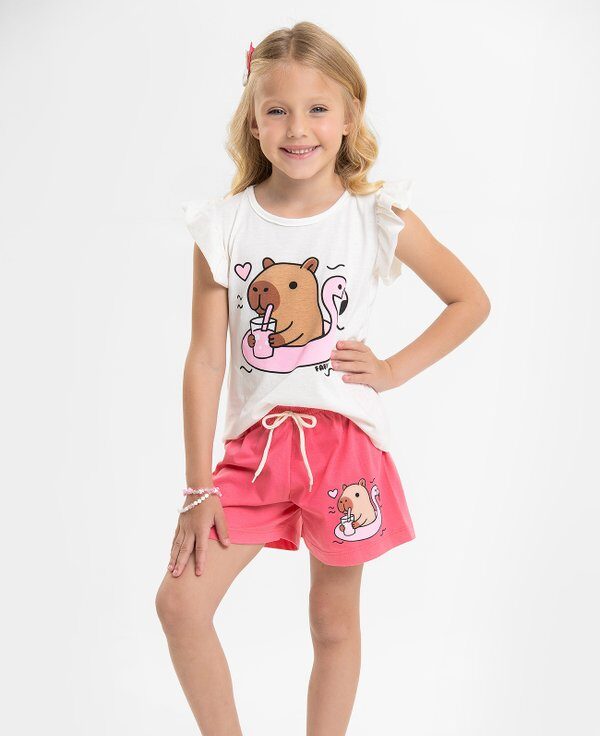 Conjunto Infantil Verão Feminino Capivara e Flamingo