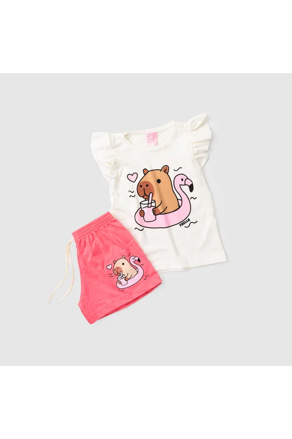 Conjunto Infantil Verão Feminino Capivara e Flamingo - Imagem 2